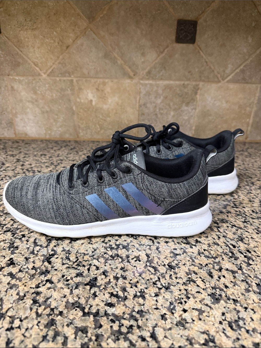 adidas Grey Knit Sneakers with Iridescent Blue-Purple Stripes